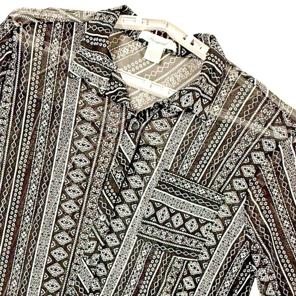 Passport Tunic Shirt Women XL Black White Geometric Sheer Roll Tab Blouse
